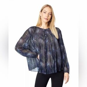 VINCE Deco Pleated Peasant Blouse purple Floral Print sheer top XL